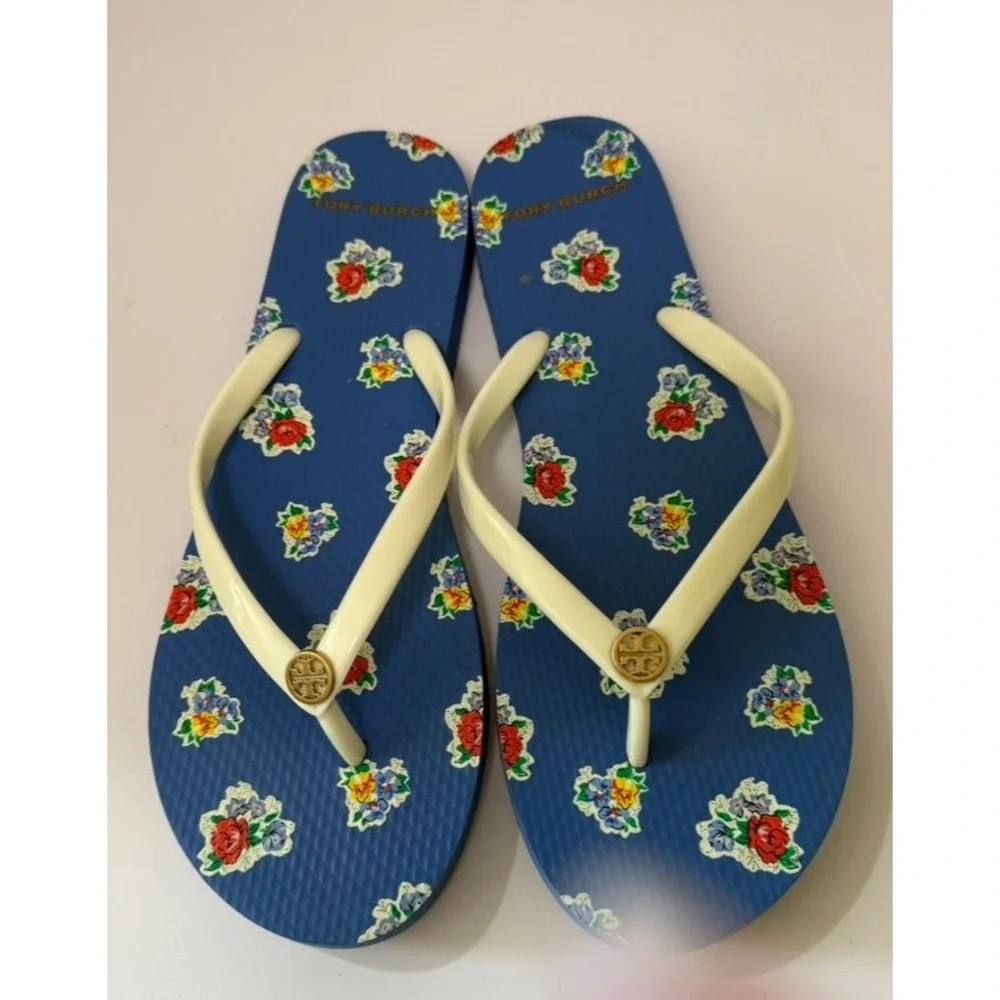 Tory Burch Thin Flip Flops Blue Floral Rubber Sandals Gold Logo Womens 8M